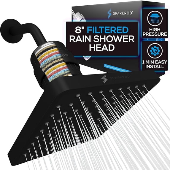 SparkPod 8 Inch Square Filtered Shower Head, 23-Stage Water Filter, Black Matte