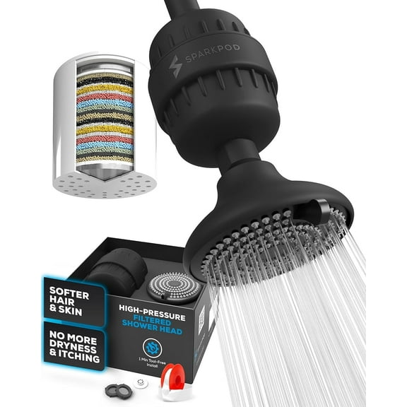 SparkPod 23-Stage Filtered Shower Head, 3 Modes, 1.8 GPM, Fixed Mount, High-Pressure Shower Head (Black Matte)