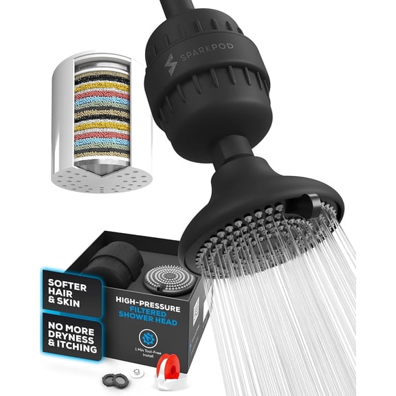 SparkPod 23-Stage Filtered Shower Head, 3 Modes, Fixed Mount, High-Pressure Shower Head (Black Matte)