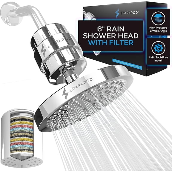 SparkPod Luxury 23 Stage Filtered Shower Head - Reduces Chlorine & Heavy Metals, High Pressure (6" Round, Luxury Polished Chrome)