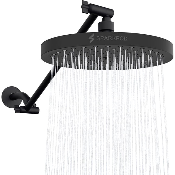 SparkPod Rain Shower Head with Adjustable Extension Arm 16" - High Pressure, Easy Install (8" inch Shower head, Black Matte)