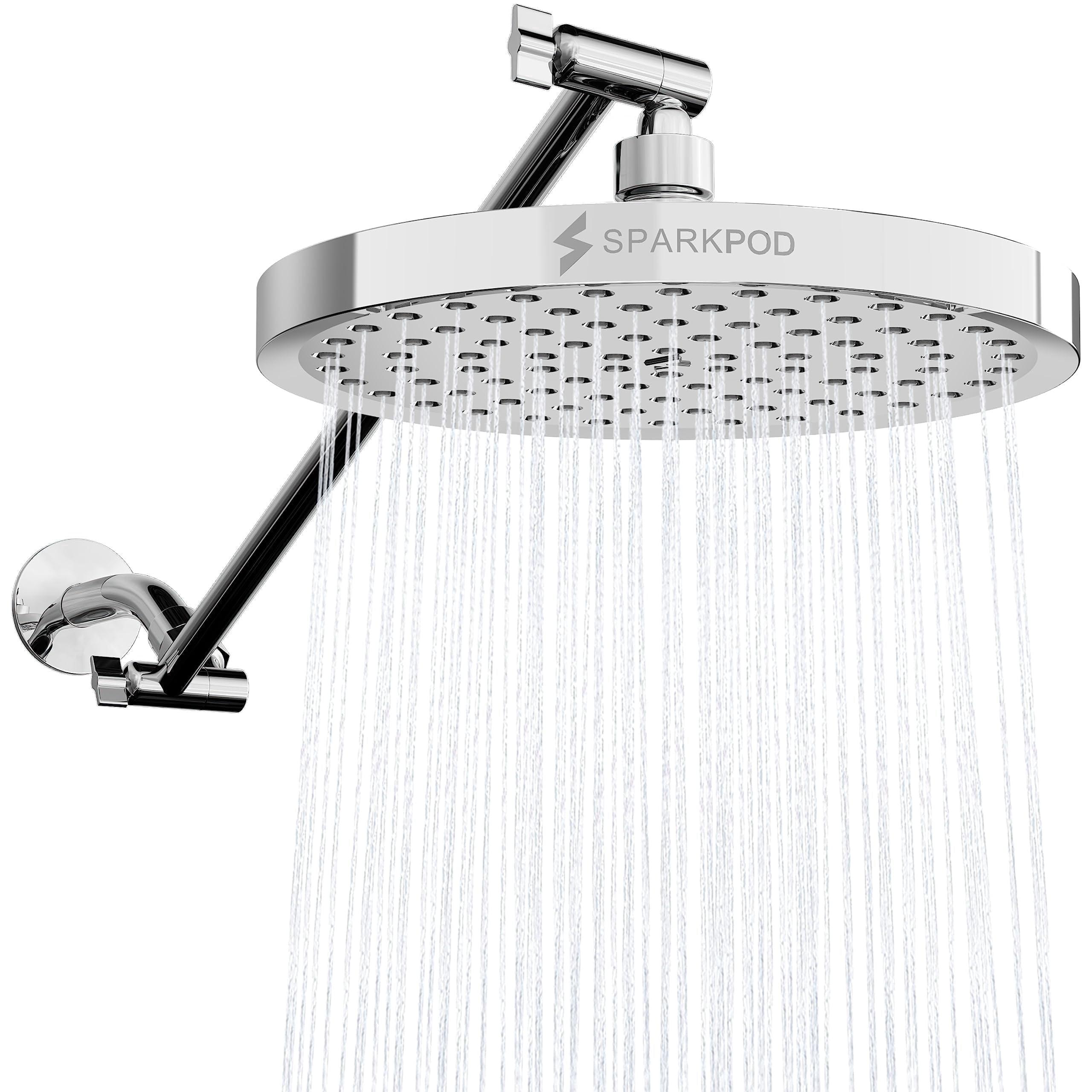 SparkPod Rain Shower Head with Adjustable Extension Arm 16" - High Pressure, Easy Install (8" inch Shower head, Chrome)