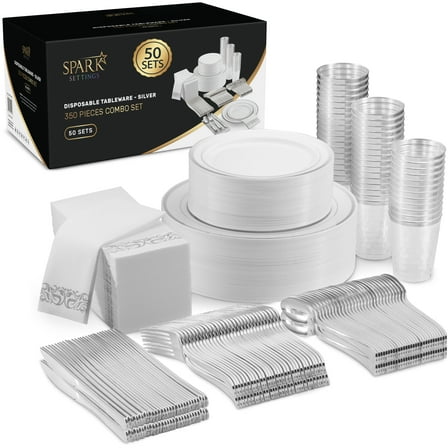 SparkSettings Disposable Party Supply Sets, Plastic, Silver, Serves 50 (350 Pieces)