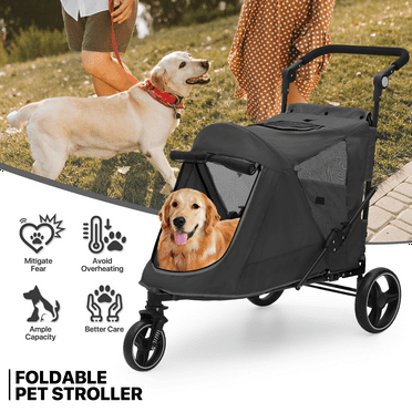 SparkTrend Pet Stroller for Large Dogs or Multiple Dogs Cats with Adjustable Handle, 3-Wheels Dual Entry Visible Portable Dog Carting Easy Folding Pet Wagon Double Dog Stroller up to 55 lbs,Black