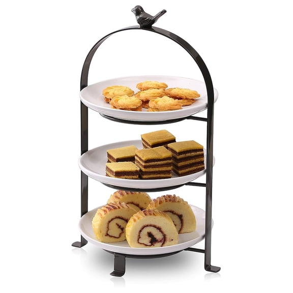 SparkWorks 3 Tiered Cake Stand, Tea Party Serving Platter, Dessert and Cupcake Stand, Metal Tiered Serving Stand Includes Three Premium White Stoneware Plates