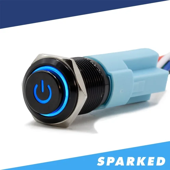 Sparked Innovations Black Latching 12V Push Button Switch Power Symbol - Blue