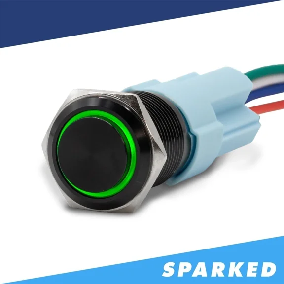 Sparked Innovations Black Latching 12V Push Button Switch Spdt Halo Ring - Green