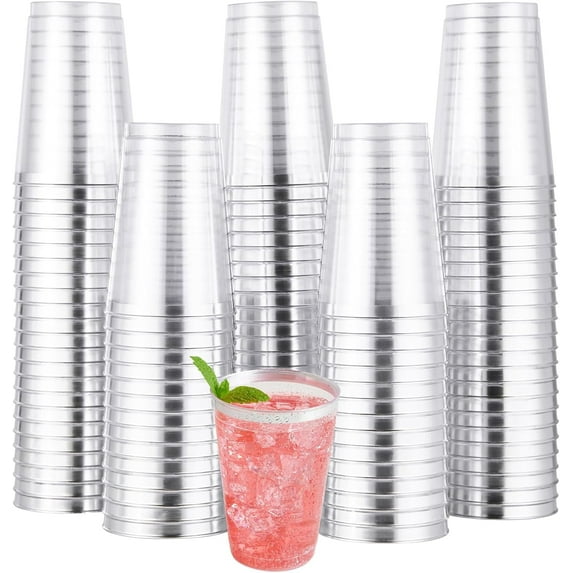 Sparklane 100 Pack Silver Plastic Disposable Cups, 12 oz Clear Plastic Cups Tumblers, Elegant Silver Rimmed Disposable Glasses Perfect for Wedding, Thanksgiving Day, Christmas