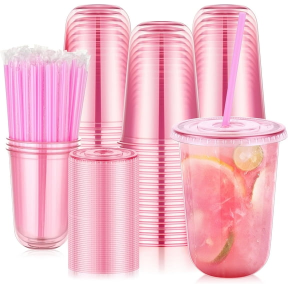 Sparklane 100 Set 16oz Plastic Cups with Lids & Straws,Disposable Pink Clear Iced Coffee Cup with Lid,Round Bottom Plastic To Go Cups for Cold Drinks Slushie Smoothie Valentine Holiday Party Supplies