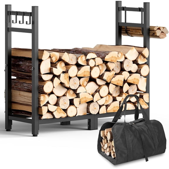 34inch Firewood Rack Indoor with Log Carrier, Outdoor Wood Rack for Firewood,Fire Wood Storage with Kindling Hooks, Adjustable Pads, Heavy Duty Logs Holder for Fireplace Deck Outdoor, Black