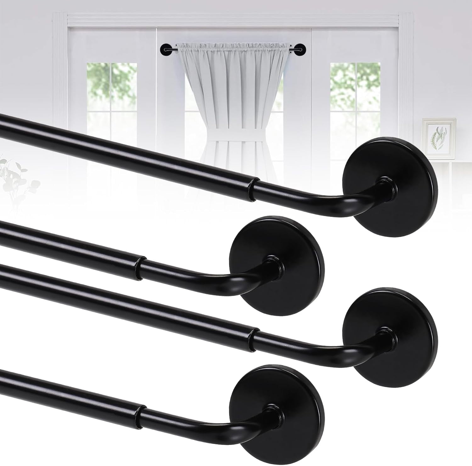 Sparklane - 4 Pack Magnetic Curtain Rod for Metal Doors, French Door Curtain Rods Adjustable from 17 to 30 Inch, 3/8 Inch Diameter, Magnetic Cafe Curtains Rod, No Tool and Easy Installation, Black