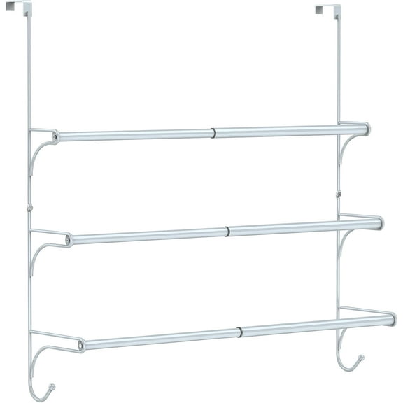 Sparklane - Adjustable Over The Door Triple Towel Rack with Hooks,Silver