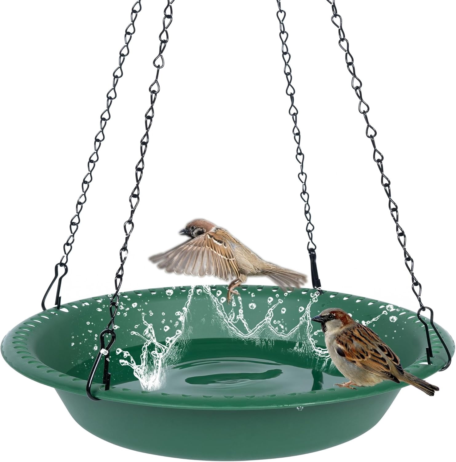 Sparklane - Bird Bath for Outside Heavy Duty, 14 inch BirdBath Bowl Only with 25” Rust-Proof Black Chains for Outdoor, Hanging Bird Bath Hanging Bird-Feeder for Garden Backyard Decor (Green 1 Pack)
