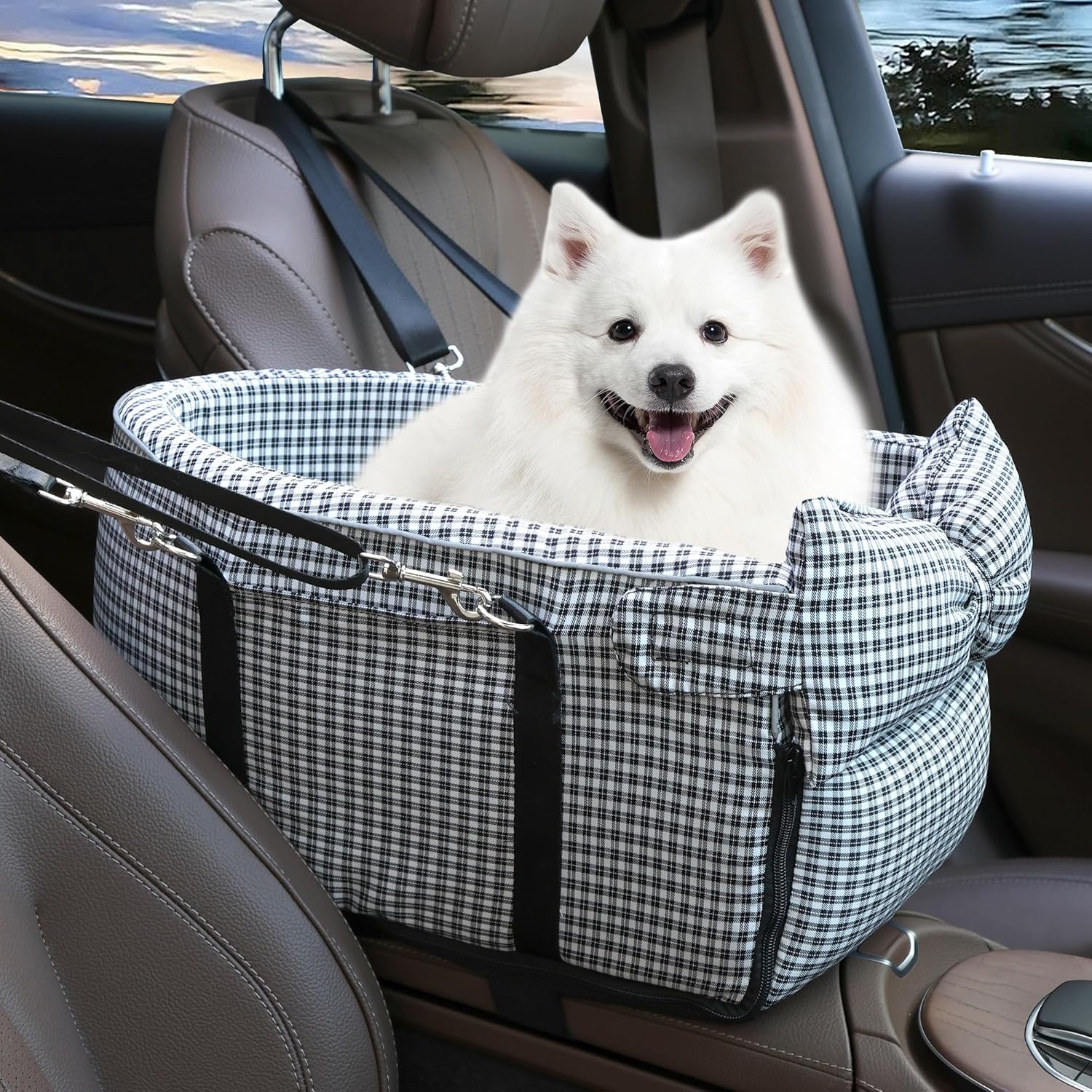 Sparklane - Center Console Dog Car Seat Dog Bed for Car Console Portable Armrest Booster Seat Carrier for Small Medium Dogs Anti-Collapse for Puppy Pet Up to 15 Lbs（Grid Black）