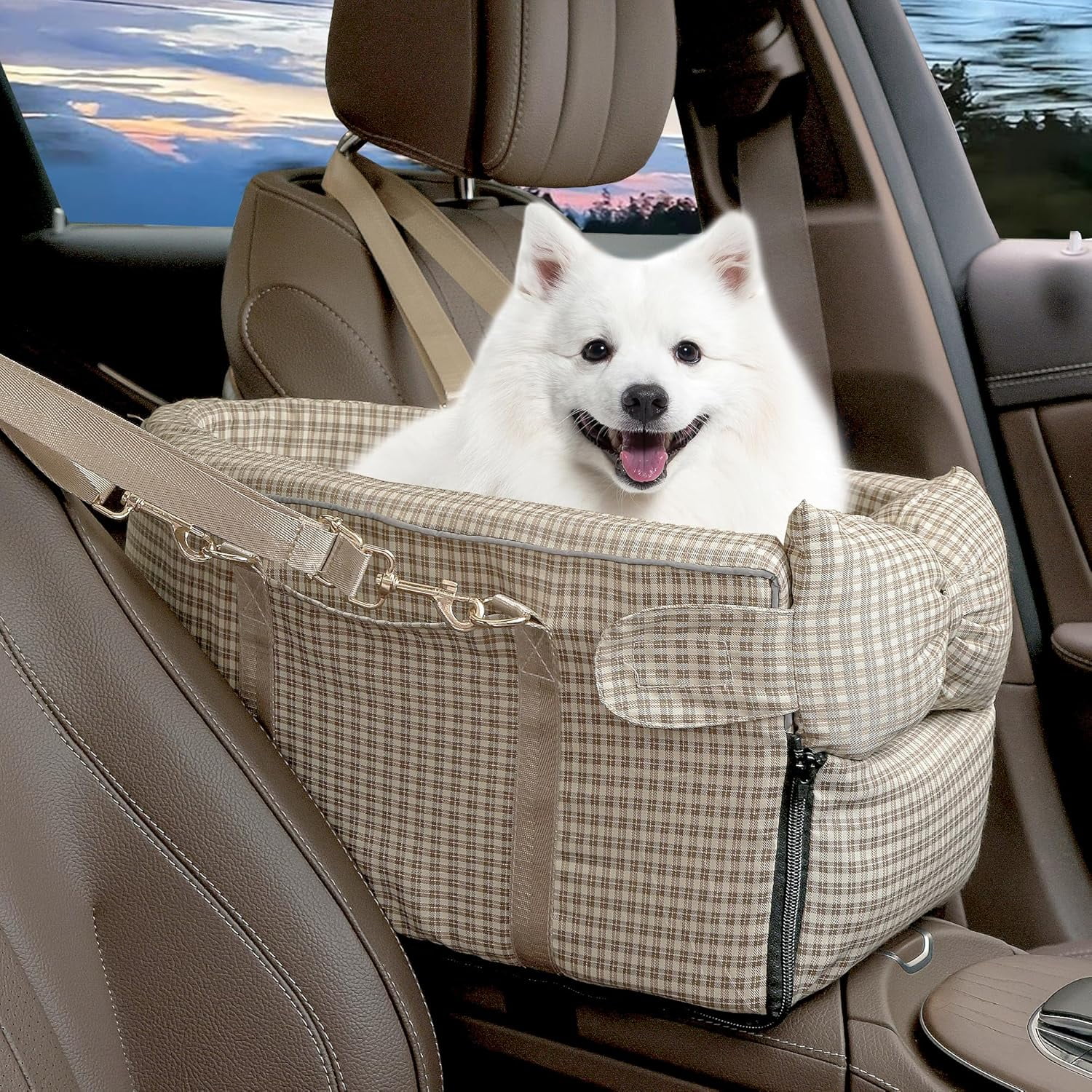 Sparklane - Center Console Dog Car Seat for Small Dog Removable Pet Car Seat with Cushion Board Safety Belt Console Dogs Seats for Mini Pet Puppy Up to 15 Lbs