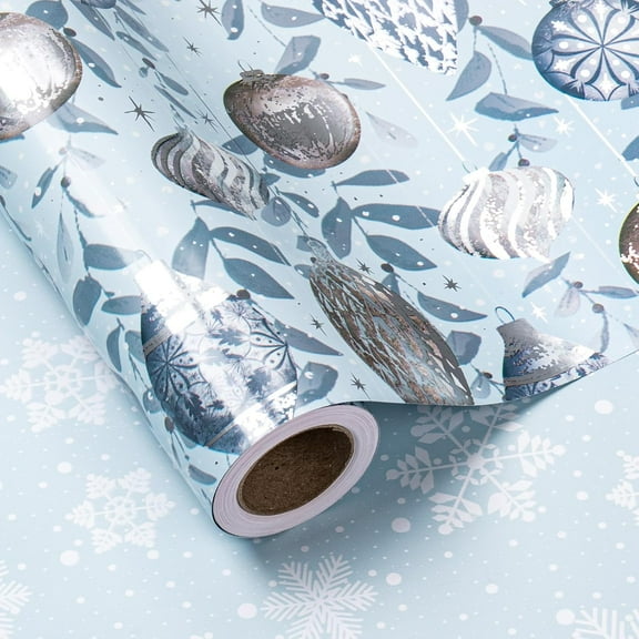 Sparklane Christmas Silver Wrapping Paper Mini Roll, Silver Blue Christmas Ornaments, White Blue Snowflakes Metallic Foil, Reversible Design for Winter Holiday Family Gathering, 17 inches x 32.8 Feet