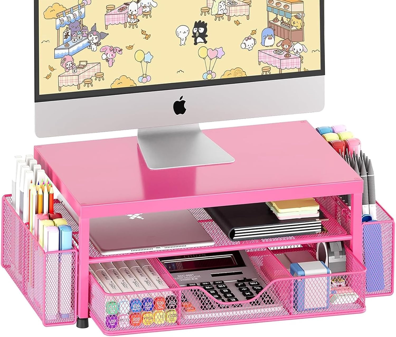 A house of tools Desk Organizer and Accessories, 2-Tier Computer Monitor Stand with Drawer and 2 Pen Holders, Office Desk Accessories for Office Supplies, Carmine Rose