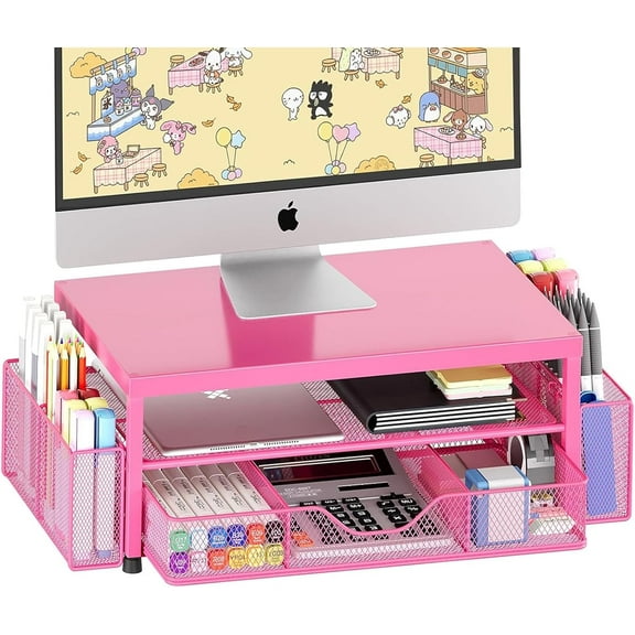 Sparklane - Desk Organizer and Accessories, 2-Tier Computer Monitor Stand with Drawer and 2 Pen Holders, Laptop Stand, Office Desk Accessories for Office Supplies, Carmine Rose