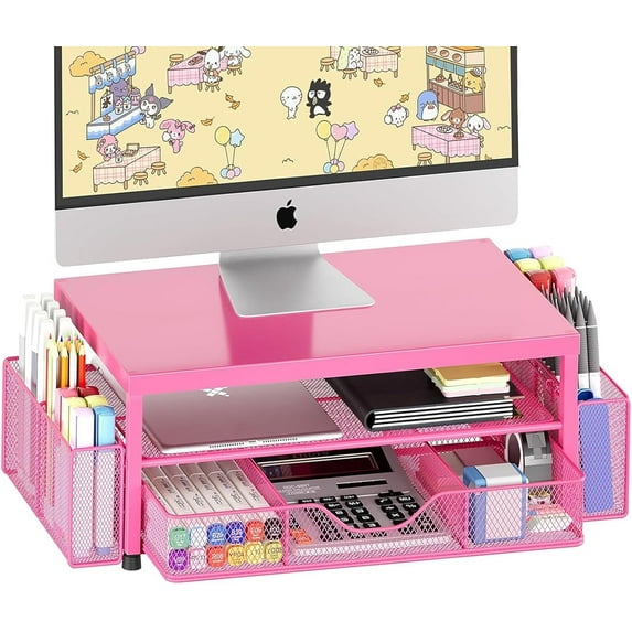 Sparklane - Desk Organizer and Accessories, 2-Tier Computer Monitor Stand with Drawer and 2 Pen Holders, Laptop Stand, Office Desk Accessories for Office Supplies, Carmine Rose