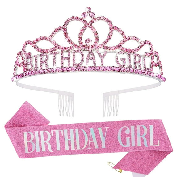 Sparklane Pink Birthday Crown and Sash Set, Women's Princess Birthday Accessory, One Size, Female, Girls