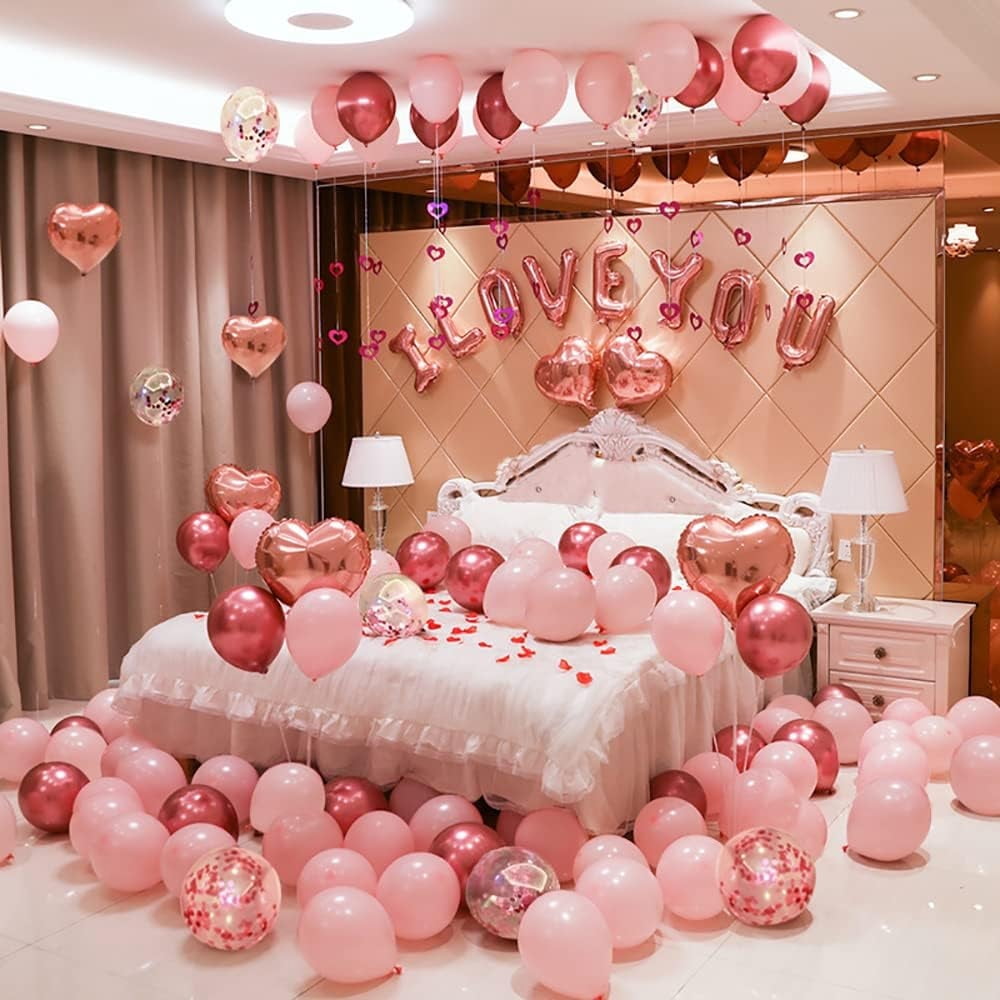 Sparklane Valentines Day Balloons Kit, 101 Pack Rose Gold Pink Heart Balloons with Rose Petals, I Love You Balloons for Anniversary Mothers Day Wedding Romantic Decorations Special Night