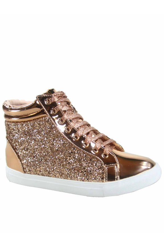 Sparkle-25 Women's Glitter Metallic Lace Up High Top Flat Fashion Sneaker Shoes