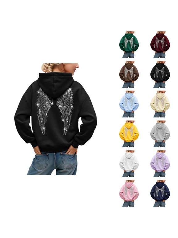 Sparkle Angel Wing Hoodie for Women Long Sleeve Glitter Rhinestones Hooded Sweatshirt Pullover Tops Y2k Streetwear