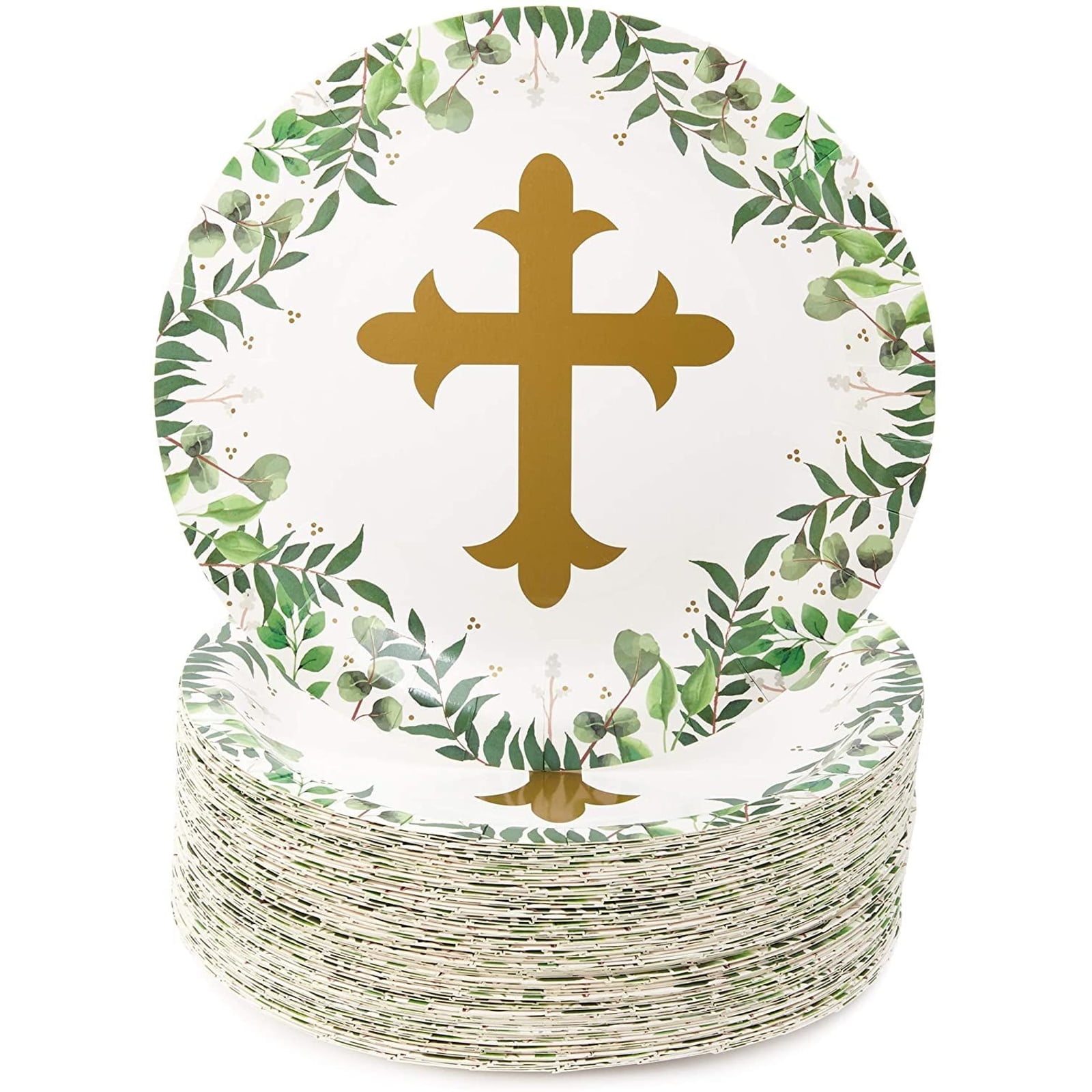Sparkle and Bash 80-Pack Religious Paper Plates, Confirmation Plates, Baby Baptism Decorations, Disposable Cross Paper Plates for Christening Party, 9 inches each