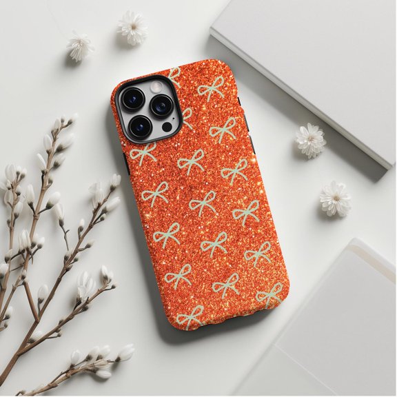 Sparkle Bow Glitter Orange Bow Pattern Cute Case 17 11 12 13 14 15 17 Pro Max