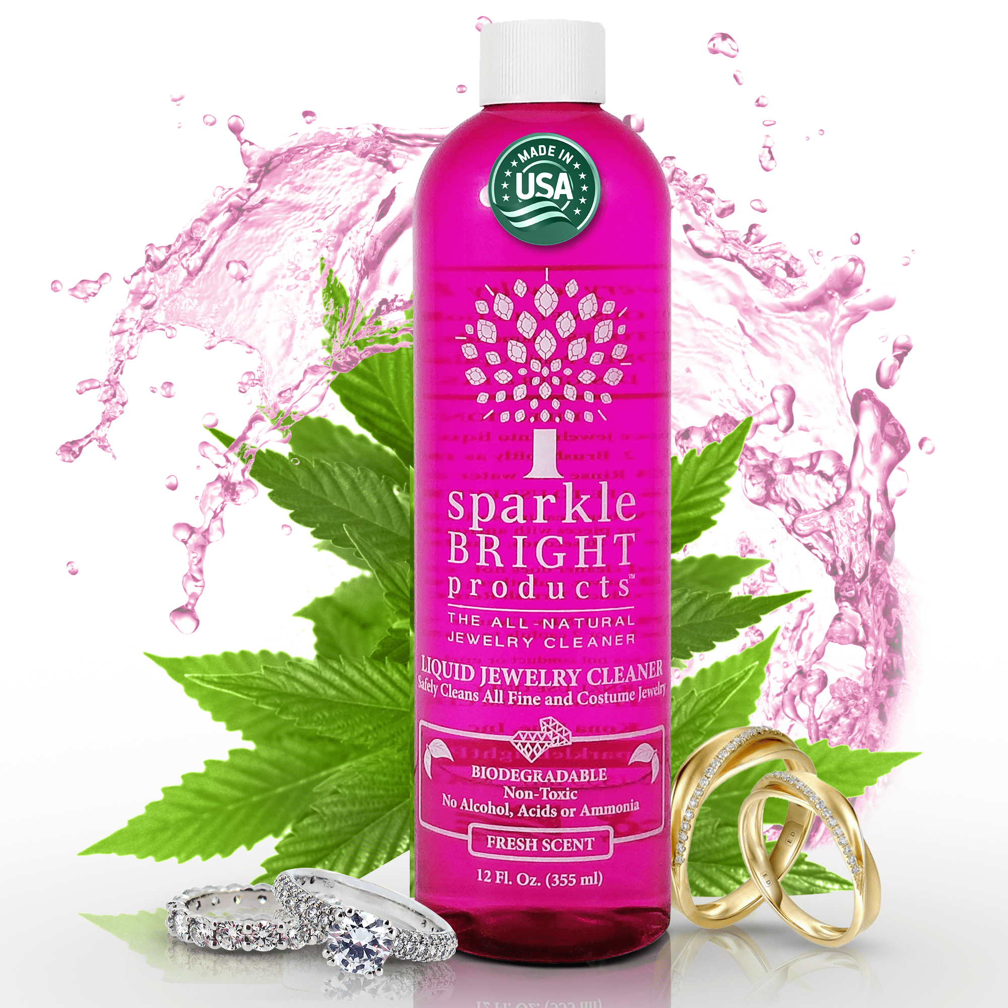 Sparkle Bright All-Natural Jewelry Cleaner Solution - 12oz.  Jewelry  Cleaning for Ultrasonic, Diamonds, Fine, Costume, Designer, Fashion Jewelry  