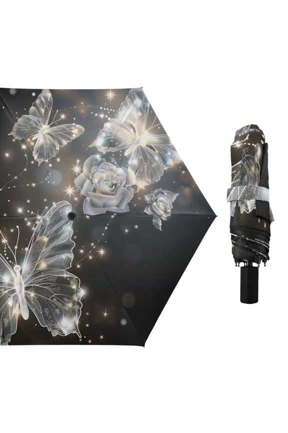 Sparkle Butterflies Flying Compact Sun Umbrella Windproof Travel Umbrellas for Rain Strong Portable UV Protection