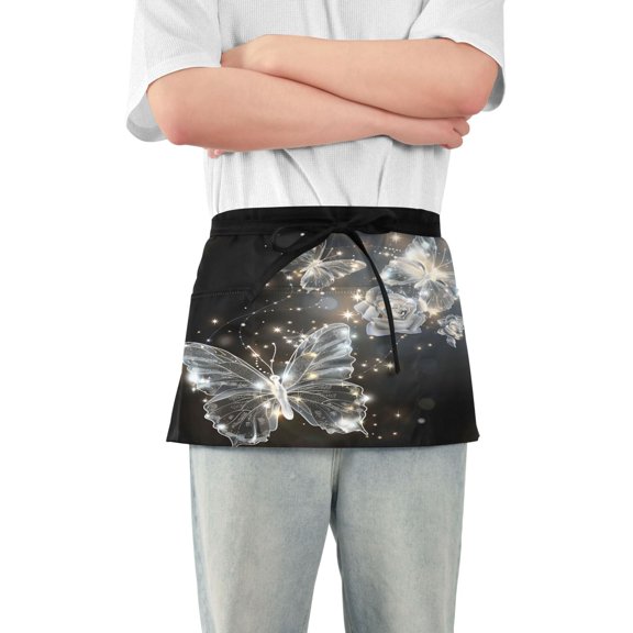Sparkle Butterflies Flying Server Apron with 3 Pockets Waterproof Waitress Waist Short Apron for Man Woman 12 Inches