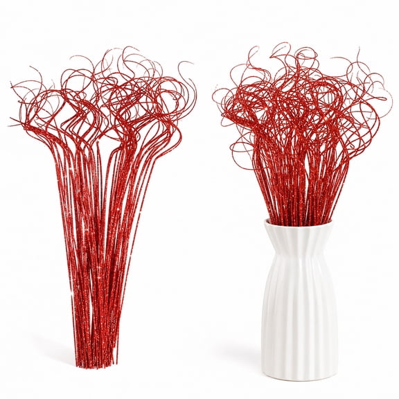 Glitter Curly Ting Ting Branches Vase Filler Christmas Sparkle Branches Artificial Sticks Twigs for Xmas Tree Wedding Holiday DIY Crafts Home Decoration 26 inch 30 Stems Red