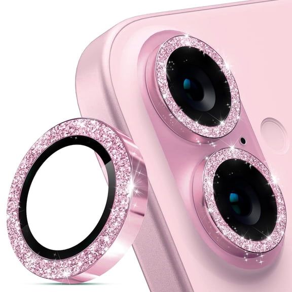 Sparkle Diamond Camera Lens Protector for iPhone 16/16 Plus, Anti-Scratch HD Tempered Glass, 5-in-1 Protection (Explosion/Dust/Fingerprint/Blue Light),Pink