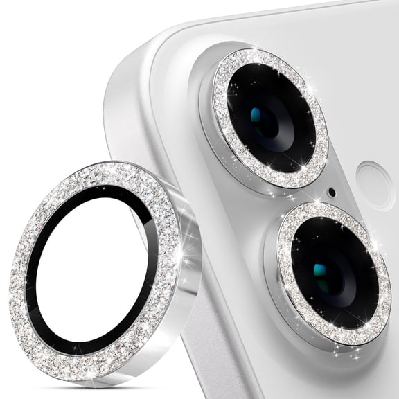 Sparkle Diamond Camera Lens Protector for iPhone 16/16 Plus, Anti-Scratch HD Tempered Glass, 5-in-1 Protection (Explosion/Dust/Fingerprint/Blue Light),White