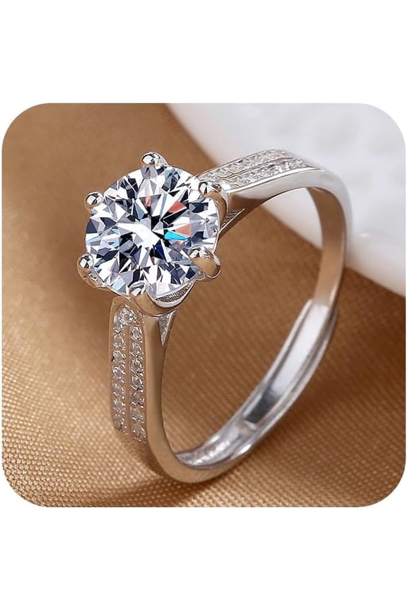 Sparkle Elegant 2ct Round Cushion Cut Solitaire Halo Simulated Diamond Moissante Wedding Engagement Open Ring Cubic Zirconia 925 Sterling Silver Plated Promise Solitaire Rings for Women
