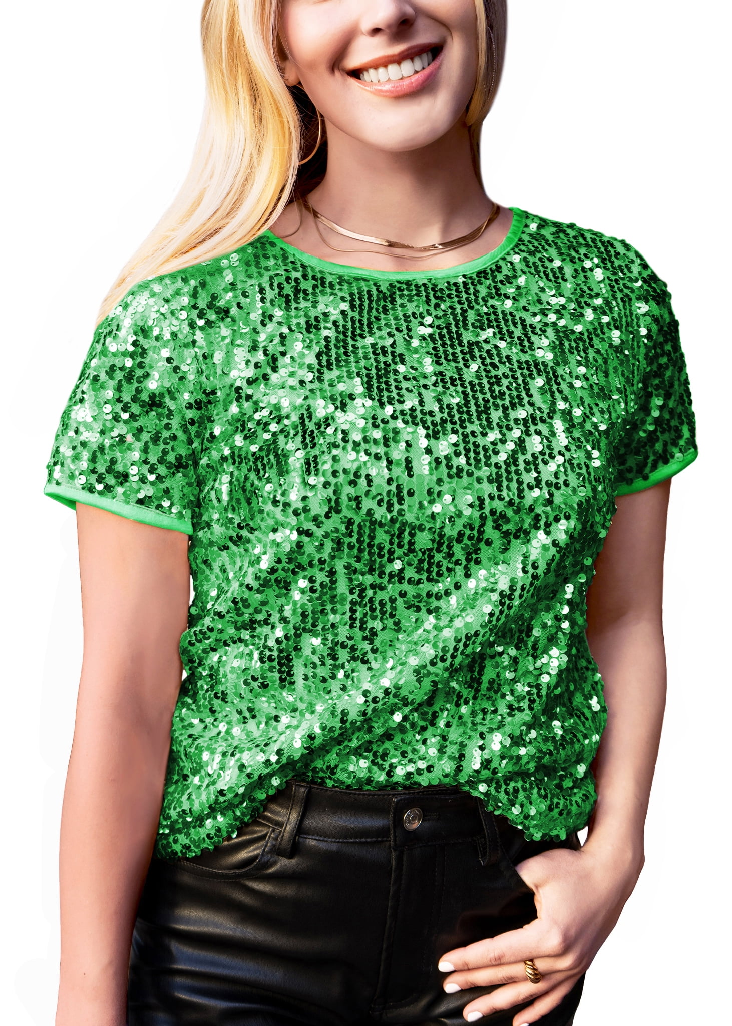 Womens Glitter Full Sequin Top Short Sleeve Round Neck Womens Glitter Full Sequin Top Short Sleeve Round Neck