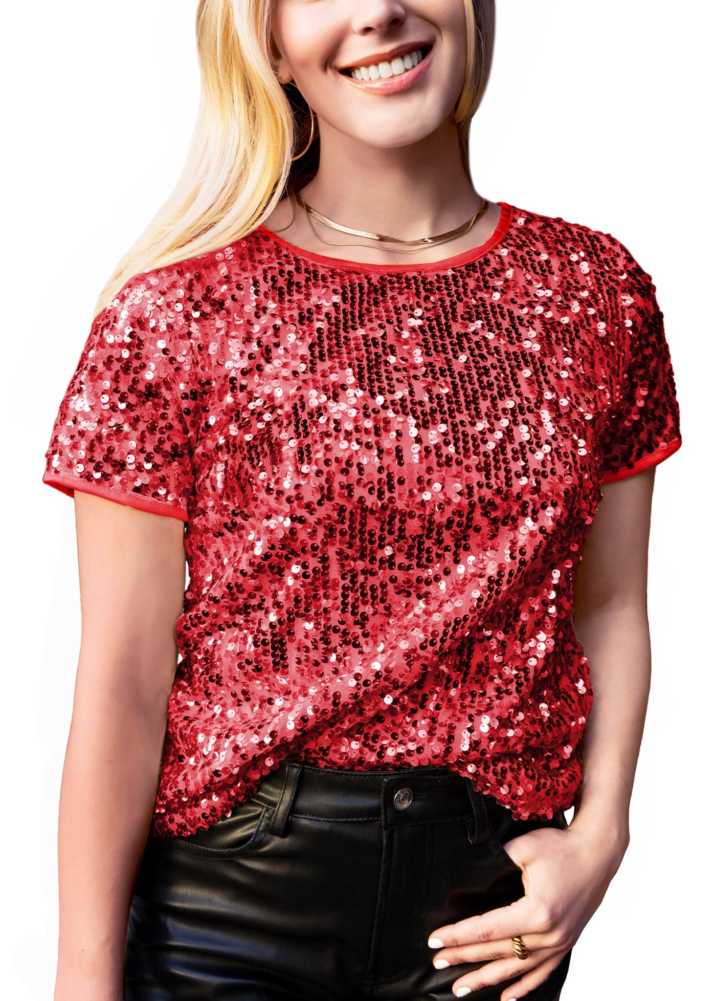 Womens Glitter Full Sequin Top Short Sleeve Round Neck Womens Glitter Full Sequin Top Short Sleeve Round Neck