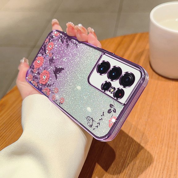 Sparkle Glitter Case for Samsung Galaxy S21 Ultra, Flower Butterfly Pattern Plating Cover for Women Girls, Clear Back + Shining Paper Rugged Shockproof Non-Yellowing Case, Purple