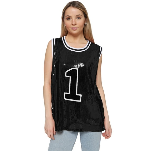 Sparkle Glitter Sequins Hip Hop Jazz Dancing Number 01 T-Shirt Top Blouse Tunic,Black,X-Large