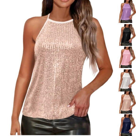 Sparkle Halter Vest Shirts for Women Dressy Sequin Sleeveless Party Blouse Backless Streetwear Tank Tops,Champagne L