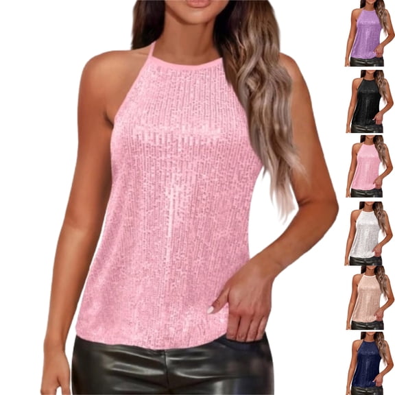 Sparkle Halter Vest Shirts for Women Dressy Sequin Sleeveless Party Blouse Backless Streetwear Tank Tops,Pink XXL