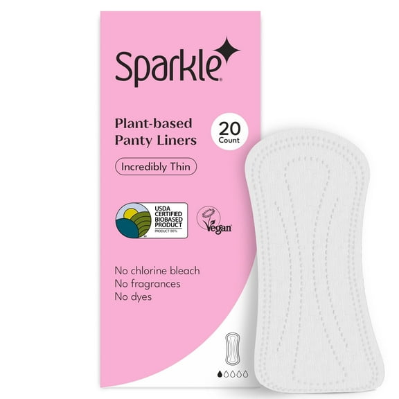 Sparkle Panty Liners for Women, Plant-based Daily Pantiliners for Sensitive Skin, Organic Pads for Women, Unscented, Chlorine Free, Flexible & Comfortable, Light Absorbency (Incredibly Thin 20 Count)