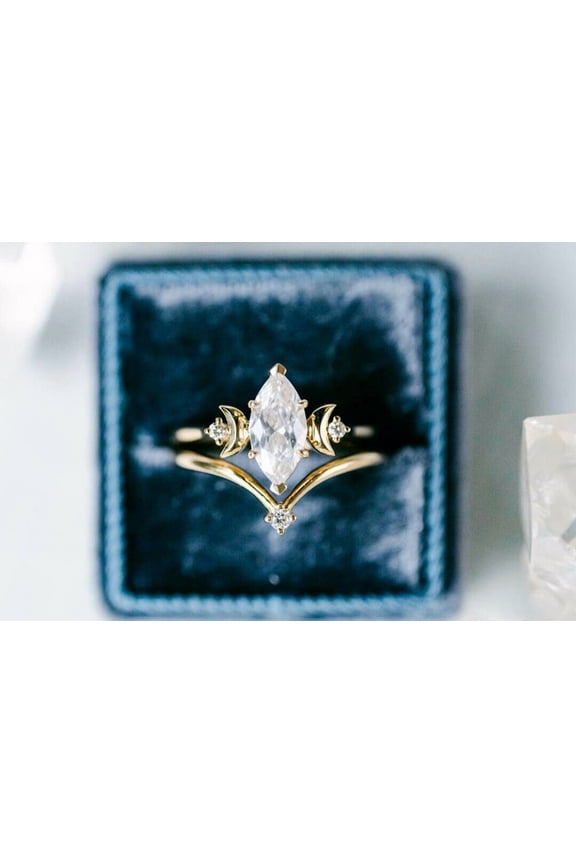 1.50Ct Marquise Cut CZ Bride Wedding Ring Set 14K Yellow Gold Plated