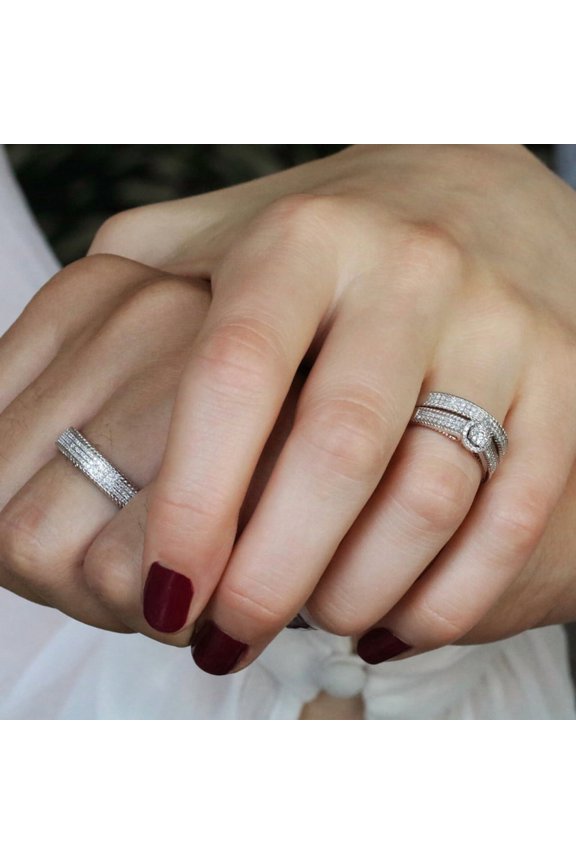 14K Two Tone Gold Finish Cubic Zirconia Trio Ring Set Bridal Engagement & Matching Bands