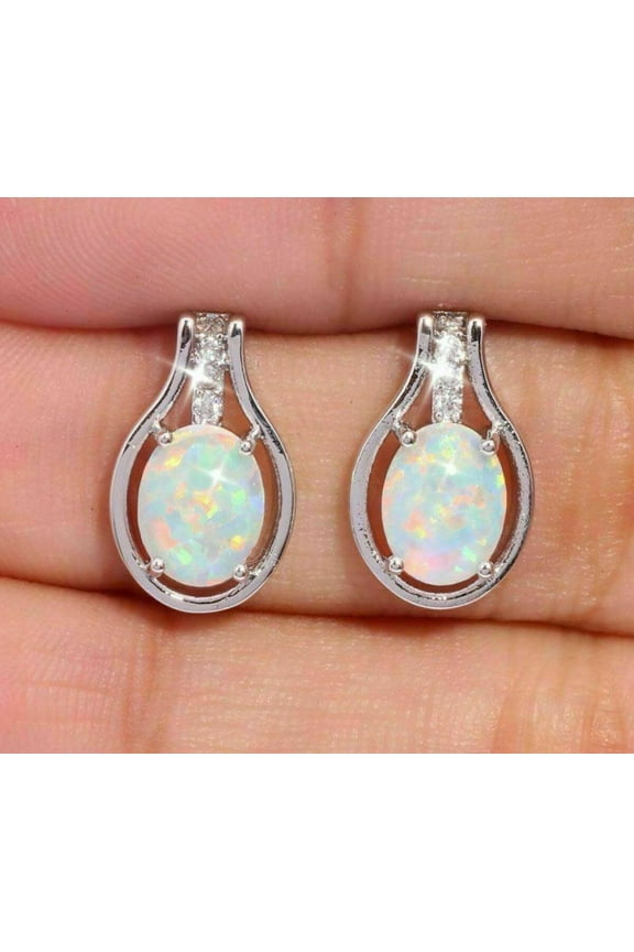 14K White Gold Finish 2.5Ct Oval Cut Lab Created Fire Opal Push Back Solitaire Stud Earrings