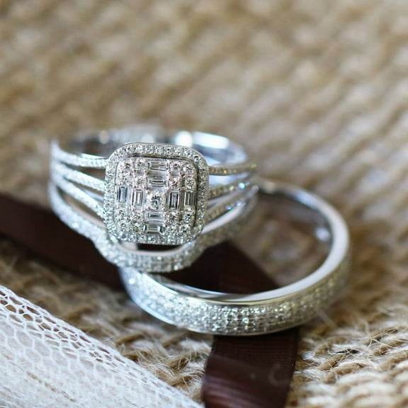 Sparkle Jewels 14K White Gold Finish 3-Piece Wedding Ring Set His & Hers Matching Rings