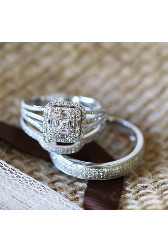 14K White Gold Finish 3-Piece Wedding Ring Set His & Hers Matching Rings