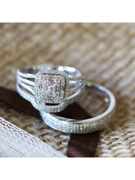 14K White Gold Finish 3-Piece Wedding Ring Set His & Hers Matching Rings