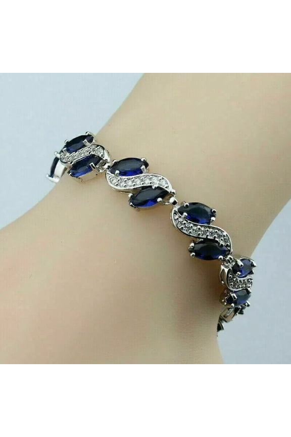 14K White Gold Finish Marquise Cut Lab Created Blue Sapphire Tennis Bracelet